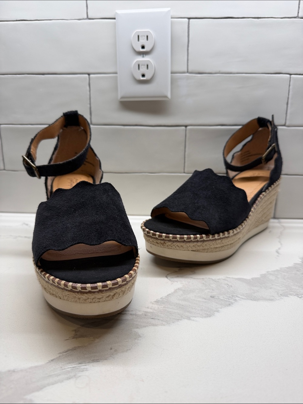 Crown Vintage Daffodil Black Suede Scalloped Espadrille Wedge Sandals